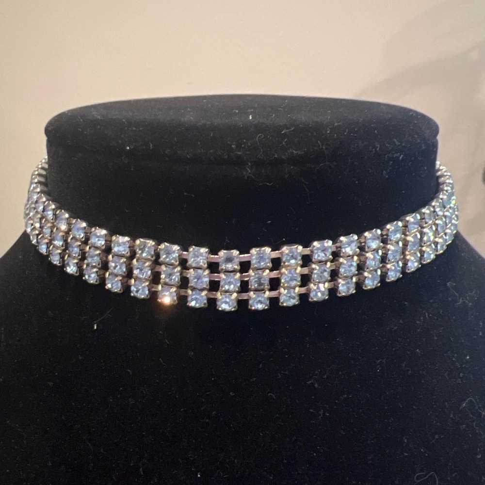 Vtg 1950s Light Blue Rhinestone Triple Strand Choker Necklace Silver Tone 15in